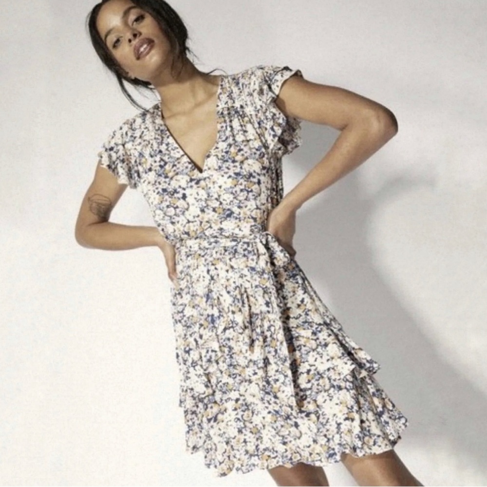 MINK PINK Dress Womens Small Floral Print Good Girl Faux Wrap Flutter Sleeve - Picture 2 of 11